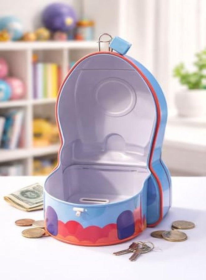 Nubby DotssRocket Shaped Kids Piggy Bank, Space Travel Theme, Astronaut Design, Coin Slot with Lock, Blue and Orange - Image 3